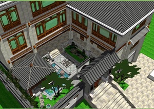 新中式别墅与庭院景观方案ＳＵ模型