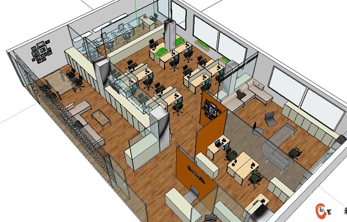 现代整体公司办公空间室内装修设计su模型(1)