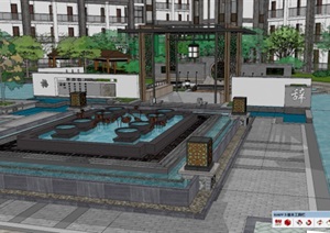 新中式酒店建筑与中庭景观方案ＳＵ模型