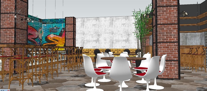 工艺复古嘻哈风特色loft餐厅设计su模型
