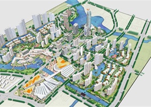 大型滨水城市中心区商业圈住宅区规划设计SU(草图大师)模型