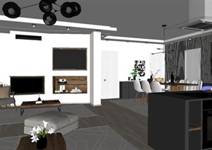 欧式客厅与开放式厨房装潢方案SU(草图大师)模型