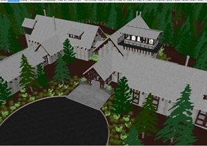现代中式森林别墅度假庄园建筑与室内方案SU(草图大师)模型