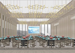 新中式酒店餐厅与宴会厅装潢方案SU(草图大师)模型