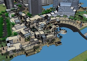 大型滨水住宅商业办公城市规划设计SU(草图大师)模型