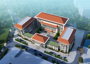 中式风格详细完整的办公建筑SU(草图大师)模型及效果图
