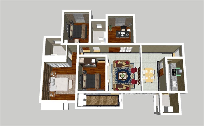 北美风格四房两厅室内户型家装方案SU模型(8)