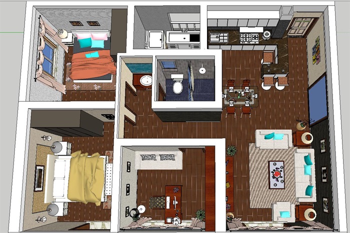 现代风格小三房二厅室内户型装潢方案SU模型(5)