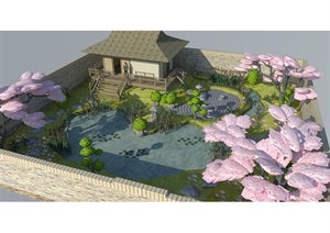 9套日式庭院SU(草图大师)模型+cad施工图5套节点日式枯山水庭院