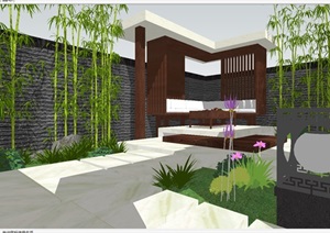 新中式别墅前后庭院花园景观方案SU(草图大师)设计模型