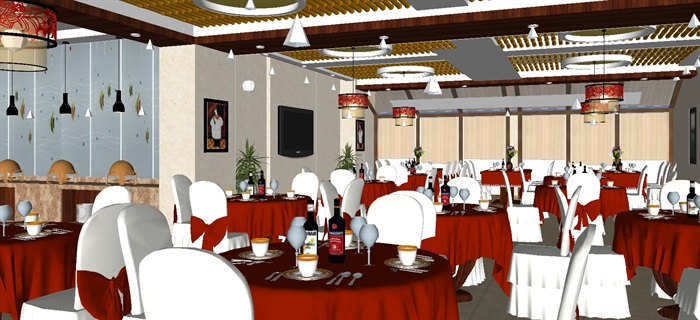 欧式风格自助酒店餐厅SU设计模型(2)