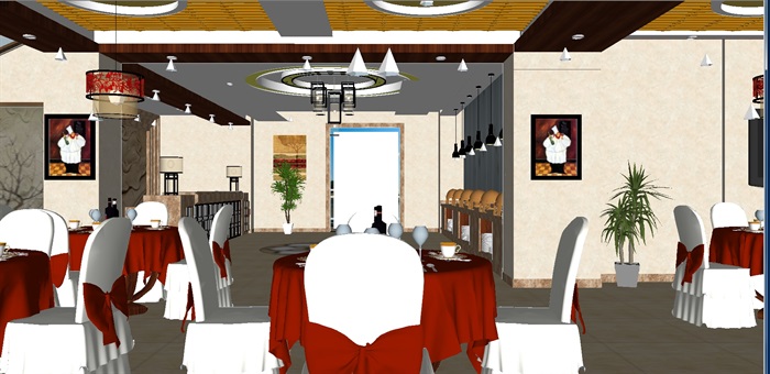 欧式风格自助酒店餐厅SU设计模型(4)