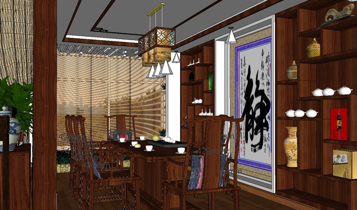 新中式风格别墅室内茶室空间装饰设计su模型