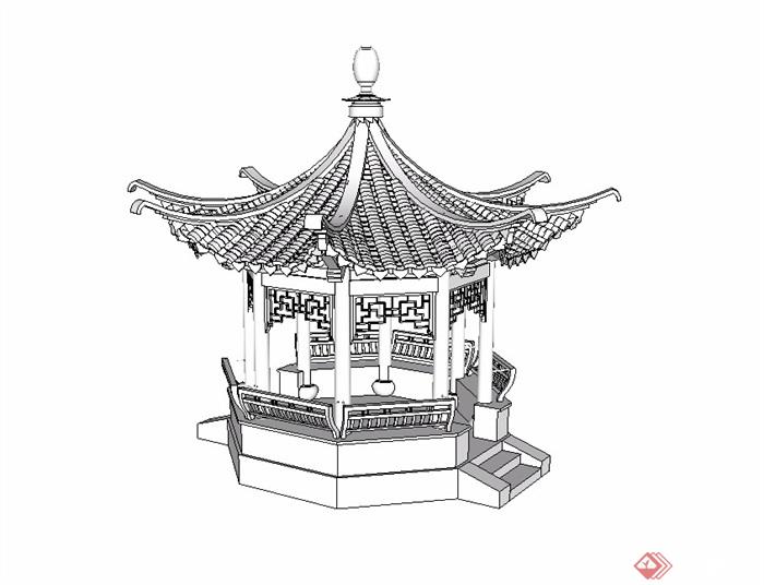 中式两个不同的亭子设计su模型