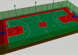标准篮球场带铁丝网围栏SU(草图大师)模型
