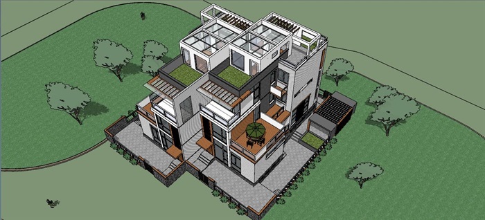 新中式现代风格独栋别墅建筑su模型