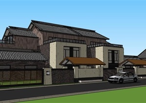 日式古典风格庭院式别墅建筑SU(草图大师)模型