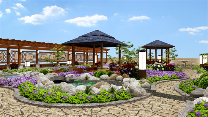 屋顶花园详细完整的景观设计su模型