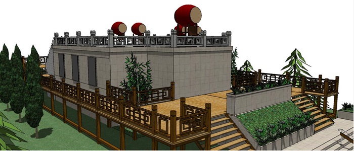 游园广场主平台设计及景观SU模型
