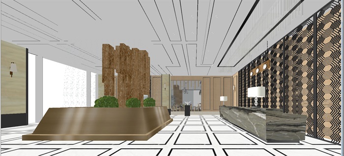 现代风格酒店大堂装潢设计方案SU模型(1)