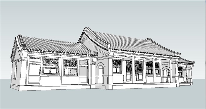 中式四合院正房建筑SU模型