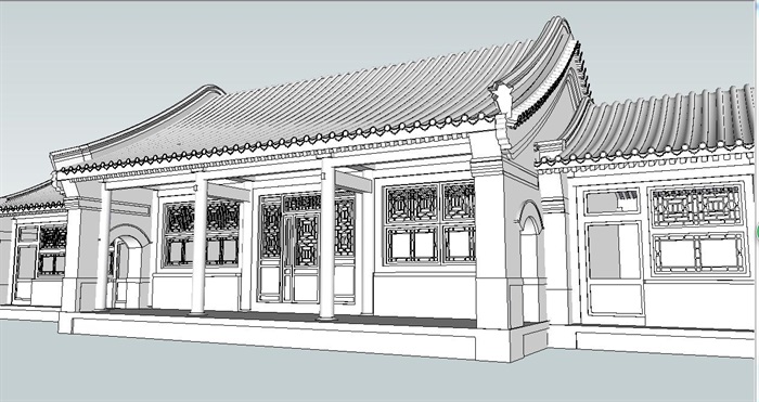 中式四合院正房建筑SU模型