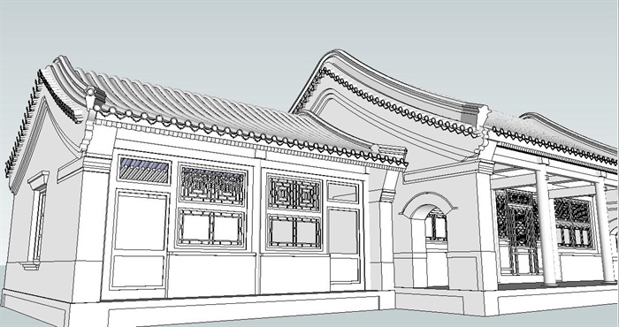 中式四合院正房建筑SU模型