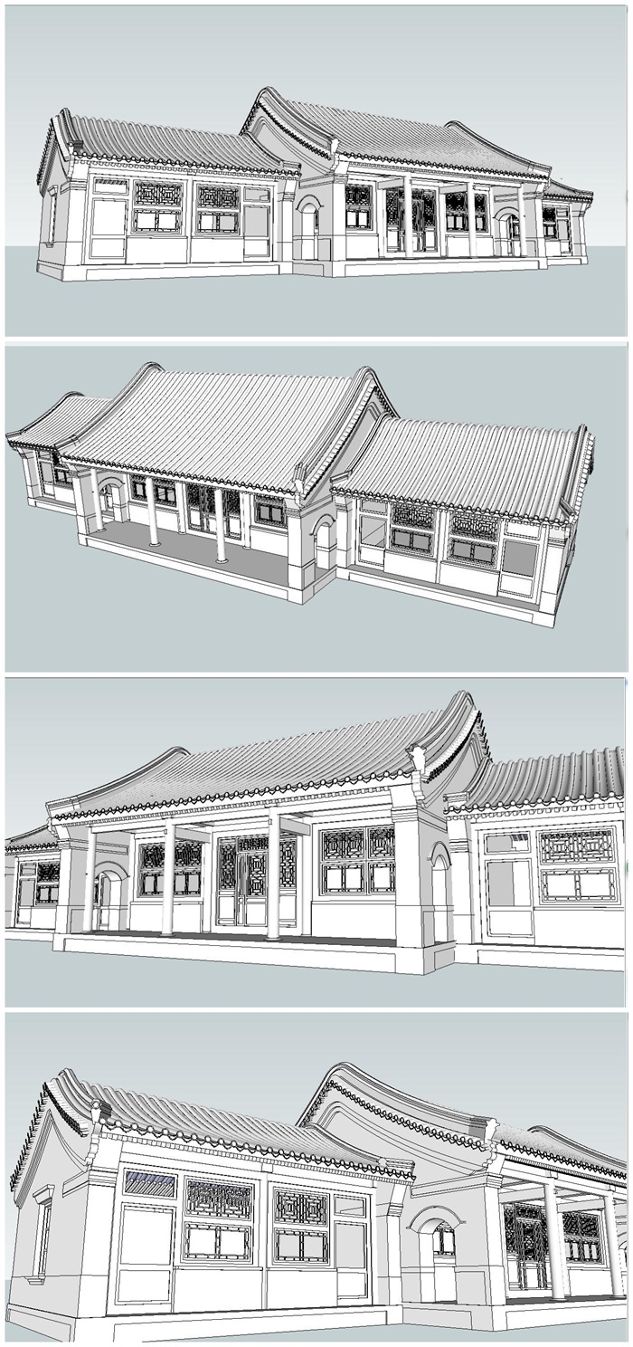 中式四合院正房建筑SU模型