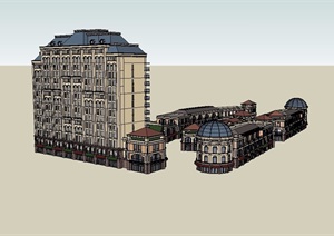法式商业街区办公楼综合建筑SU(草图大师)模型