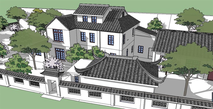 中式大型别墅建筑SU模型