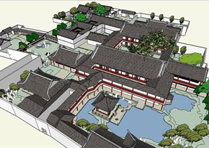 古典风格扬州四合院庭院建筑设计SU(草图大师)模型
