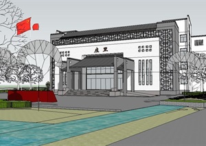 现代中式社区服务中心建筑SU(草图大师)模型