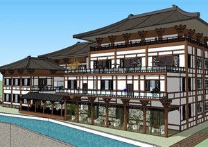 中式大唐风格酒店建筑SU(草图大师)模型