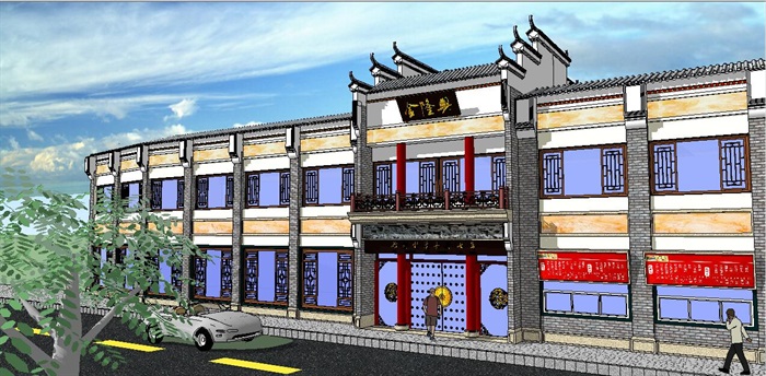 中式古典风格酒店建筑SU模型