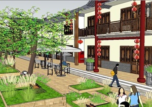 新中式风格商业风情街建筑景观SU(草图大师)模型