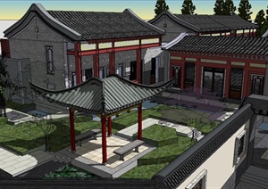 古典四合院建筑及庭院景观布局SU(草图大师)模型