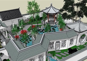 古典风格建筑及园林庭院景观布局SU(草图大师)模型