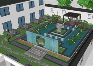 两个现代中式庭院景观方案ＳＵ模型