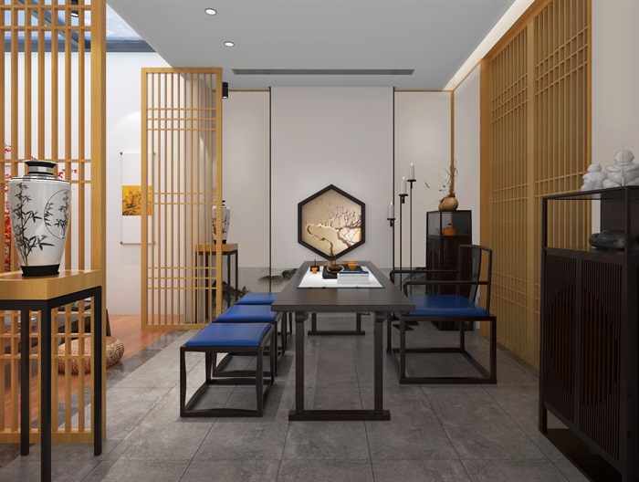 现代新中式茶室室内空间设计su模型