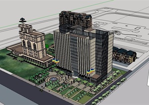 某欧式风格商业住宅建筑设计SU(草图大师)模型含办公建筑