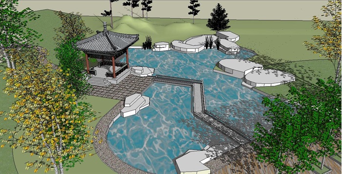 古典园林景观水池、亭子设计SU模型