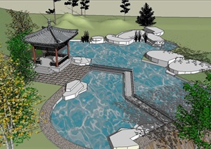 古典园林景观水池、亭子设计SU(草图大师)模型
