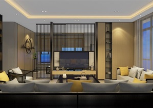 轻奢中式客、餐厅室内空间设计SU(草图大师)模型