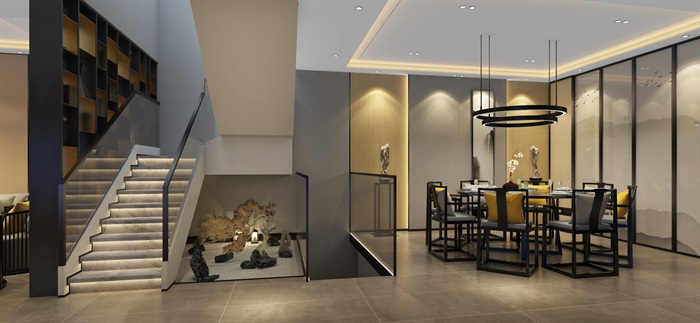轻奢中式客、餐厅室内空间设计su模型