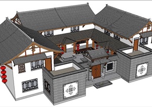 中式精致四合院住宅建筑SU(草图大师)模型
