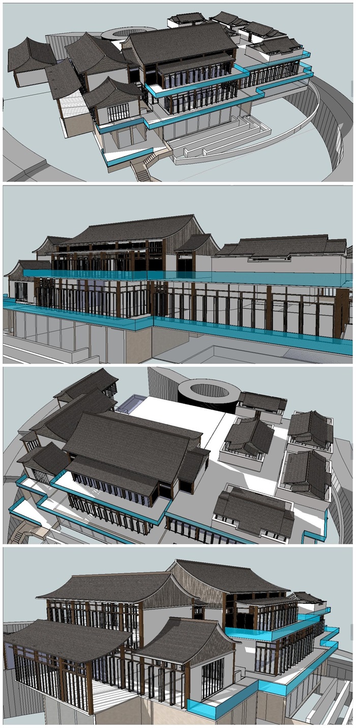 度假酒店星级酒店宾馆中式坡屋顶酒店建筑s模型,模型为现代中式风格