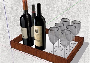 精品红酒瓶及酒杯组合SU(草图大师)模型