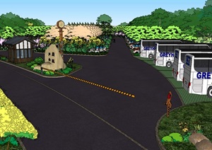 古建筑商业街生态停车场详细景观SU(草图大师)模型