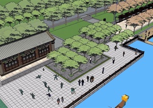 中式龙舟赛场沿河景观设计SU(草图大师)模型