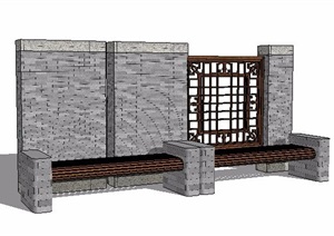 新中式景墙及坐凳组合SU(草图大师)模型